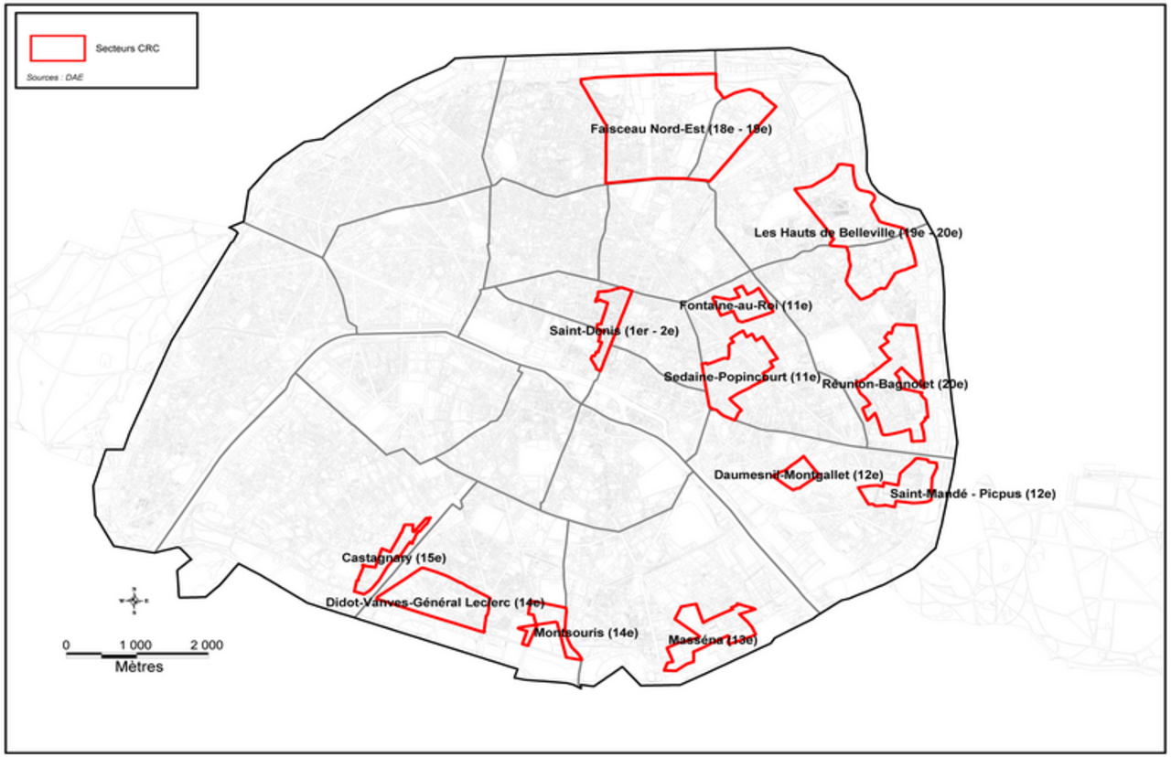 Carte des périmètres d'intervention Contrat Paris Commerces