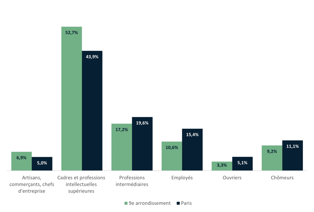 Répartition de la population du 9e par catégories socio-professionnelles - INSEE 2020