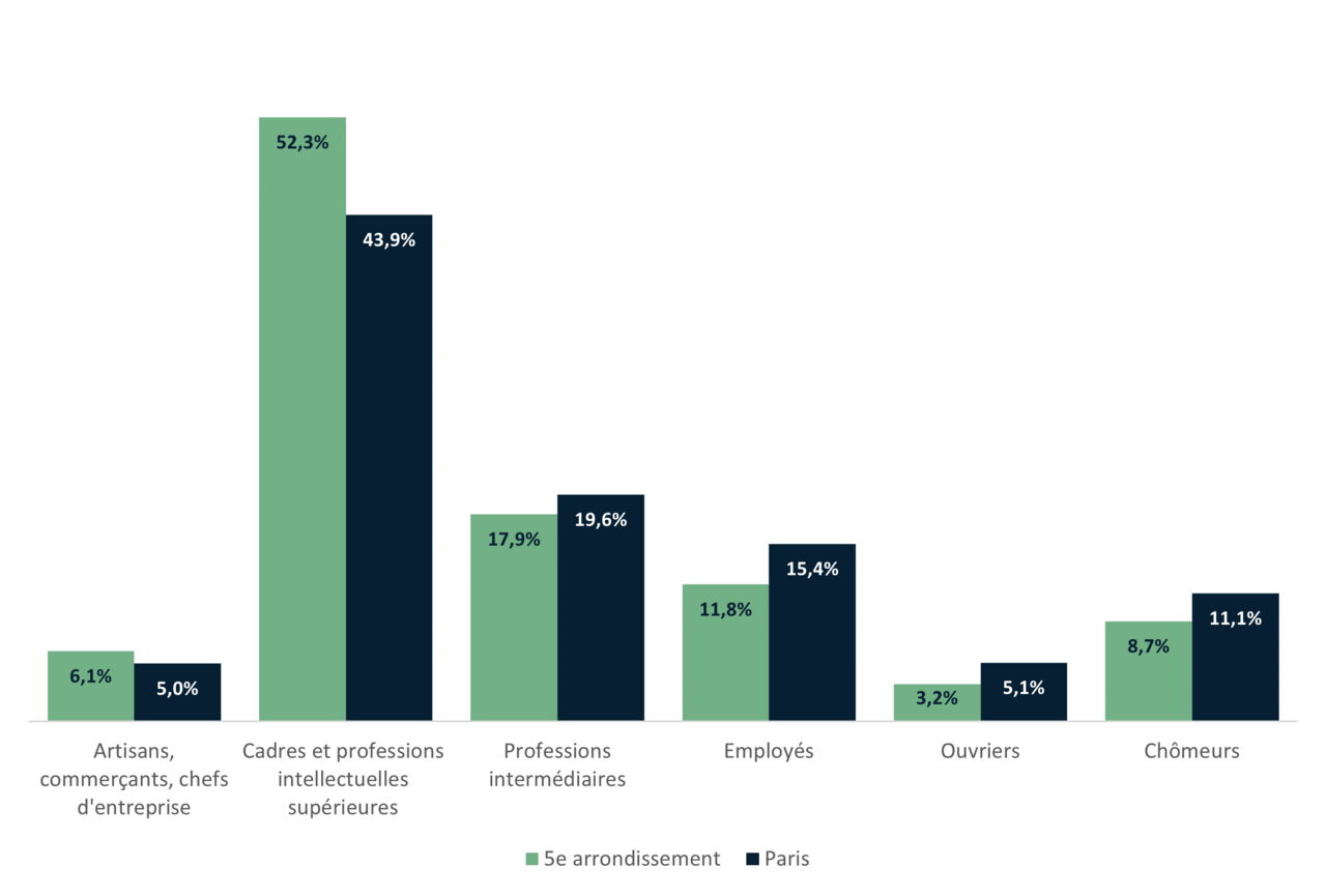 Répartition de la population du 5e par catégories socio-professionnelles - INSEE 2020