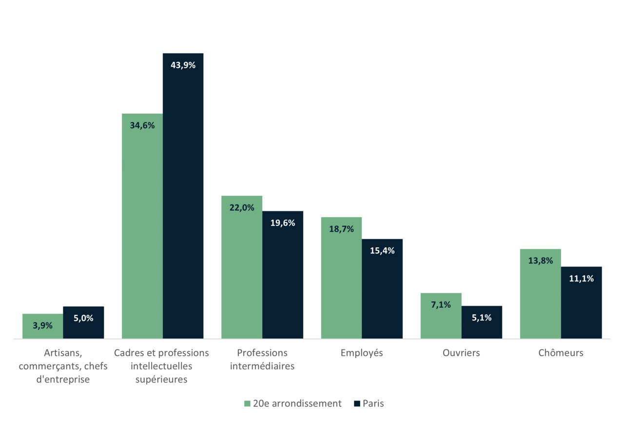 Répartition de la population du 20e par catégories socio-professionnelles - INSEE 2020